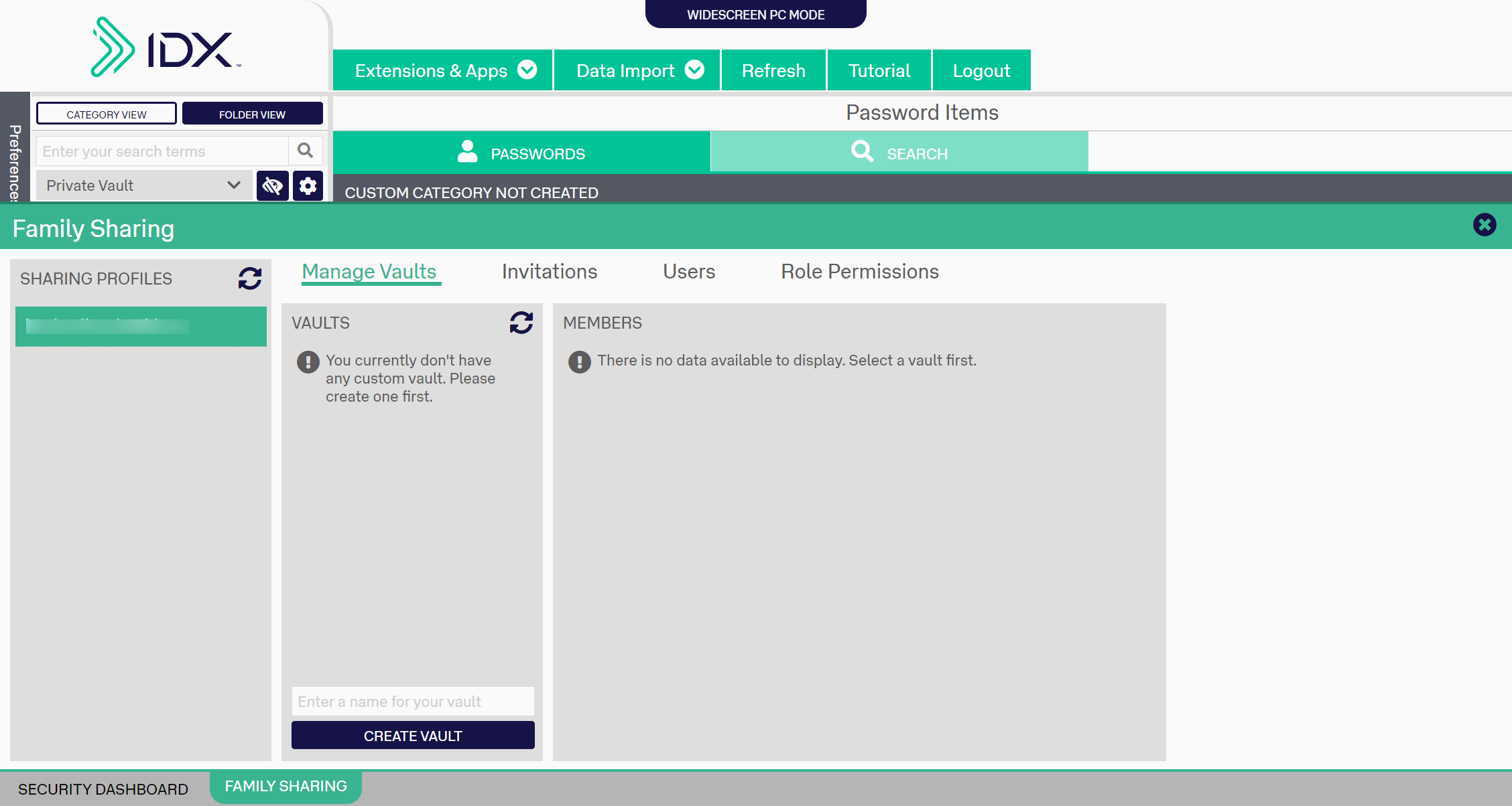 IDX Family Sharing Password Manager Dashboard Screenshot