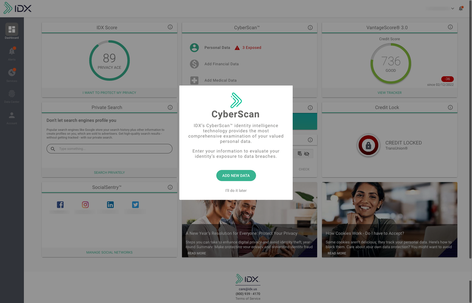 IDX Member Dashboard with CyberScan Pop Up