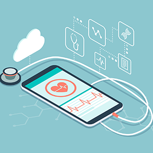 Illustration of mobile phone and health data to represent the privacy protection and security risks from personal data that governments and health providers collect